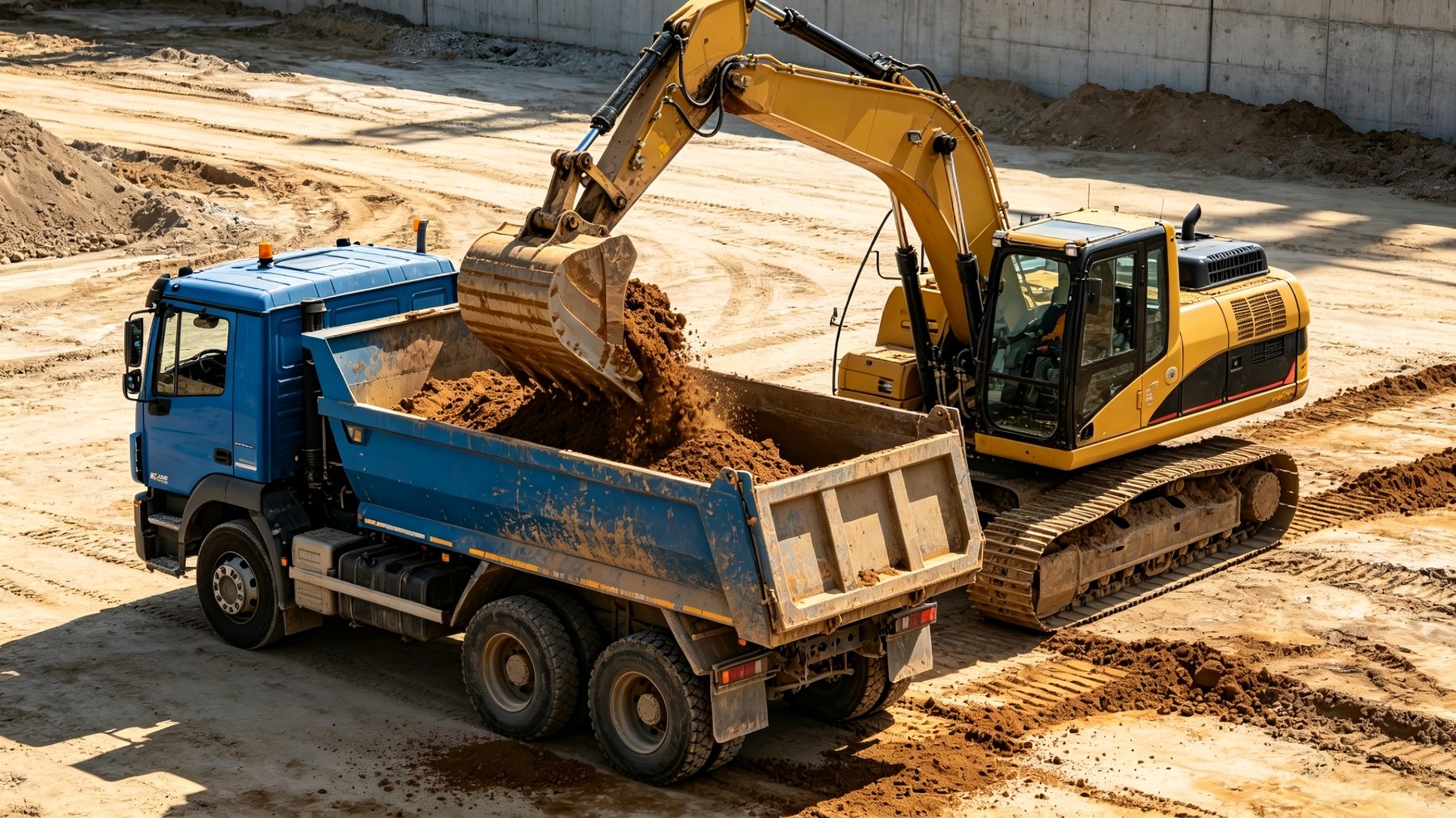 Tracked excavator loading soil into a dump truck