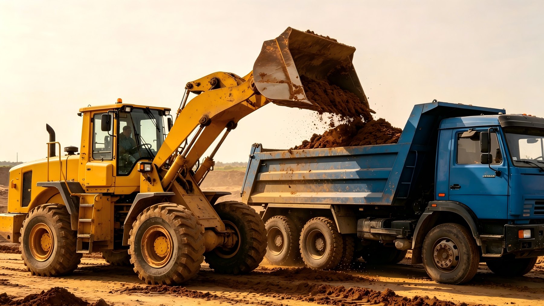 Wheel loader loading soil into a dump truck
