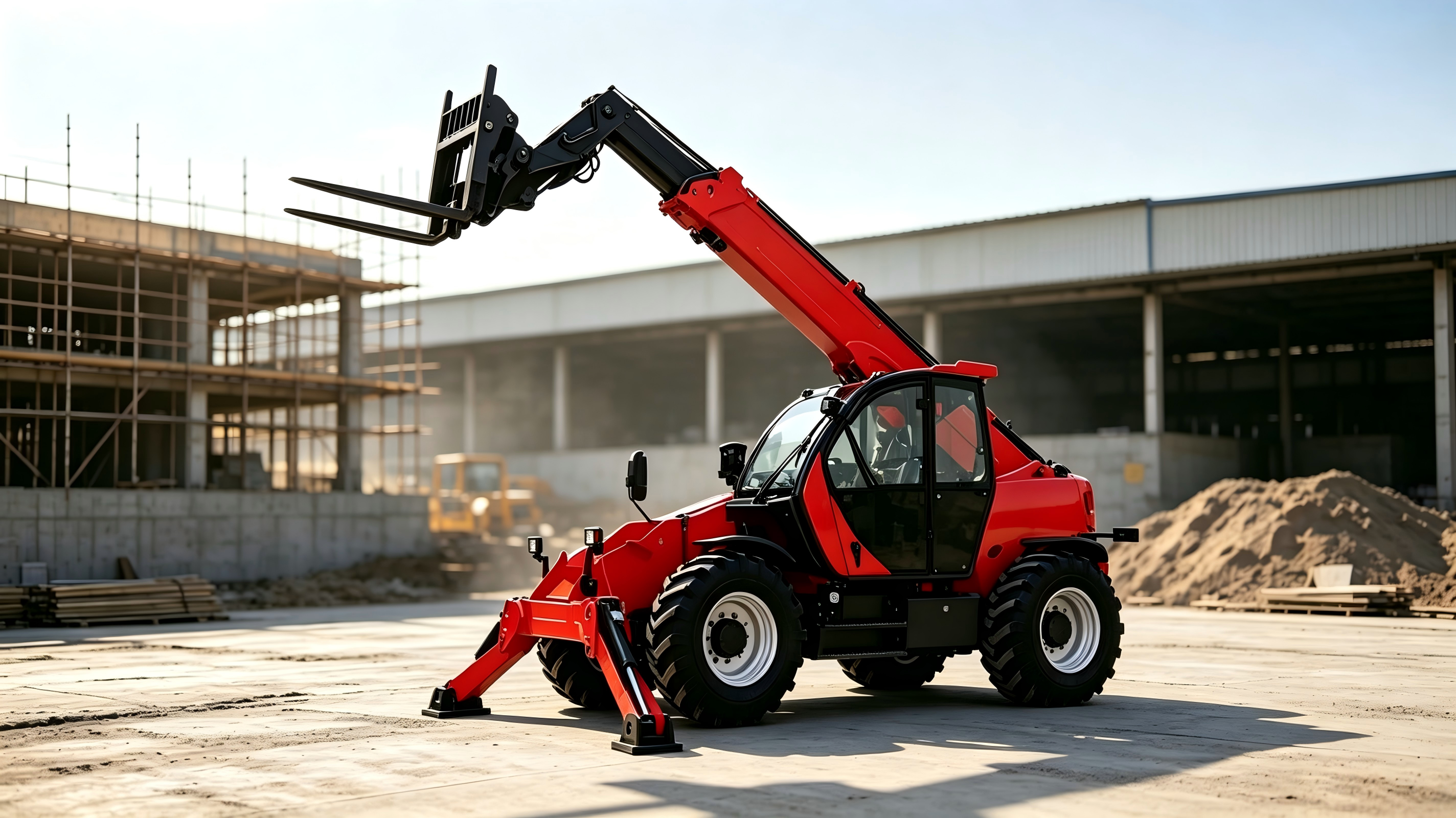 Telescopic handler with forks extended at a construction site
