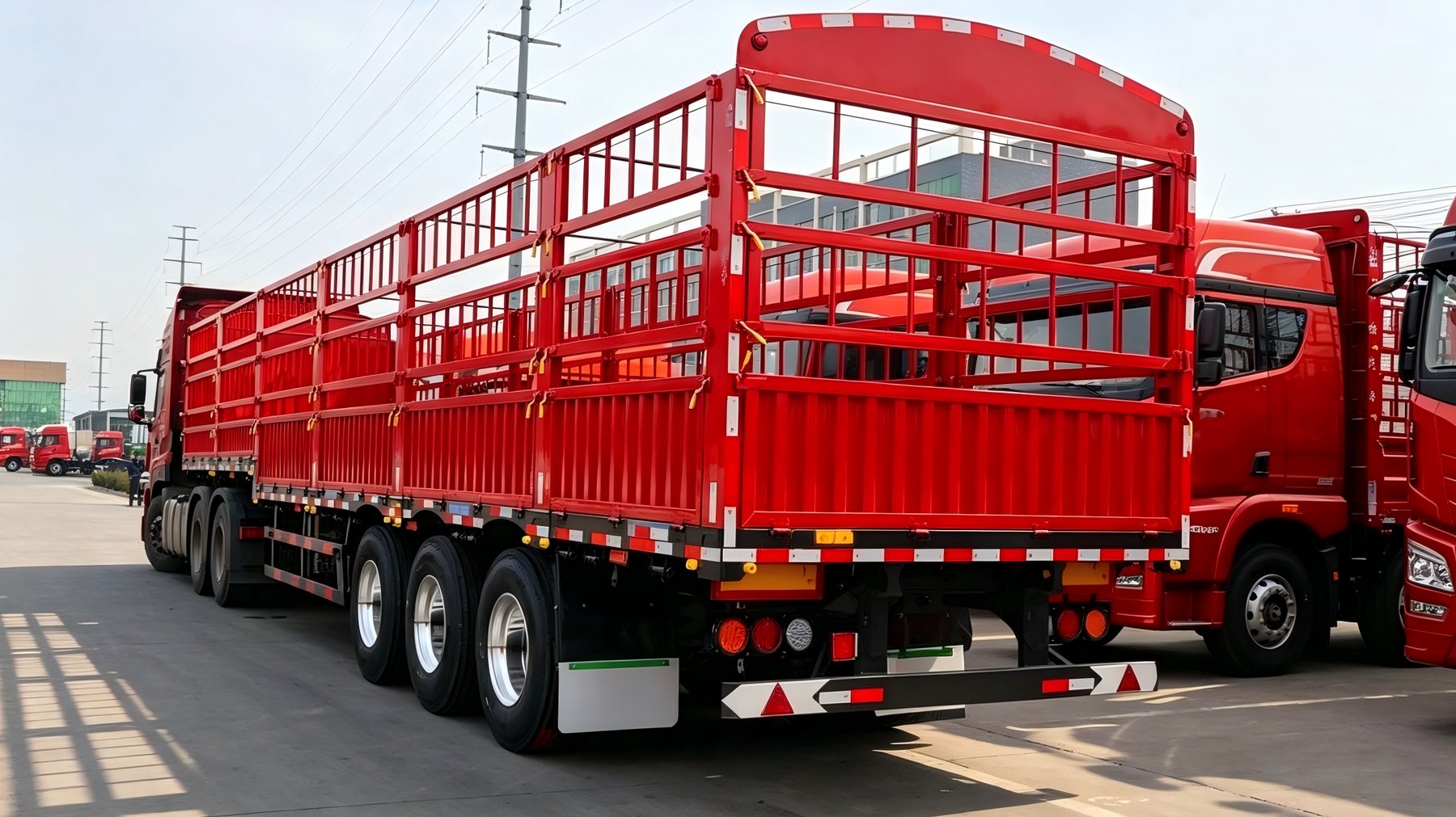 Red stake semi trailer in a truck yard
