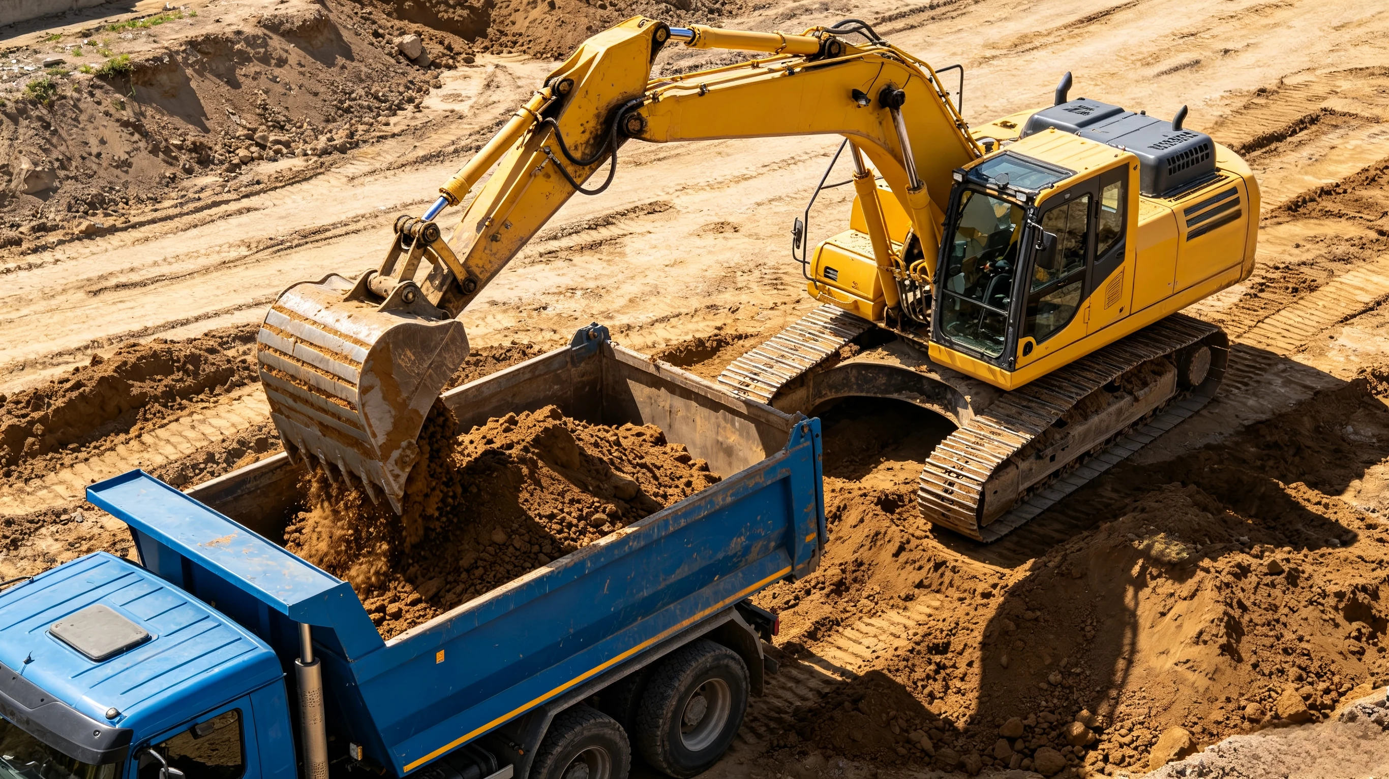 Excavator loading soil into a truck