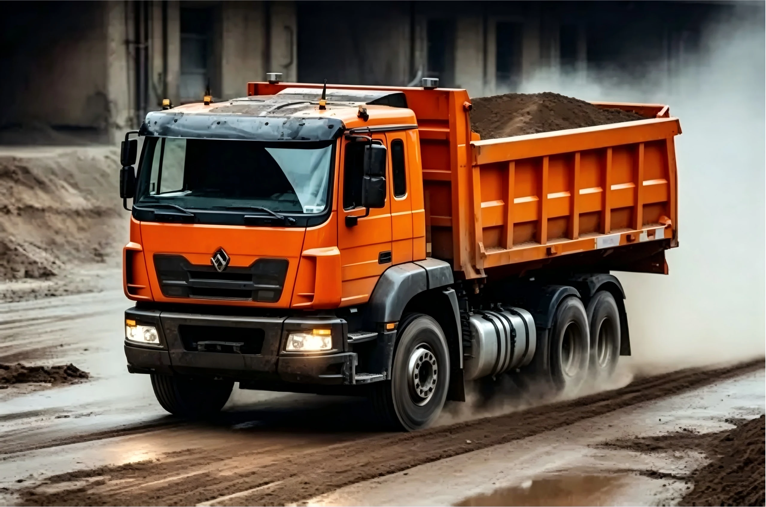 Orange dump truck working on a construction road